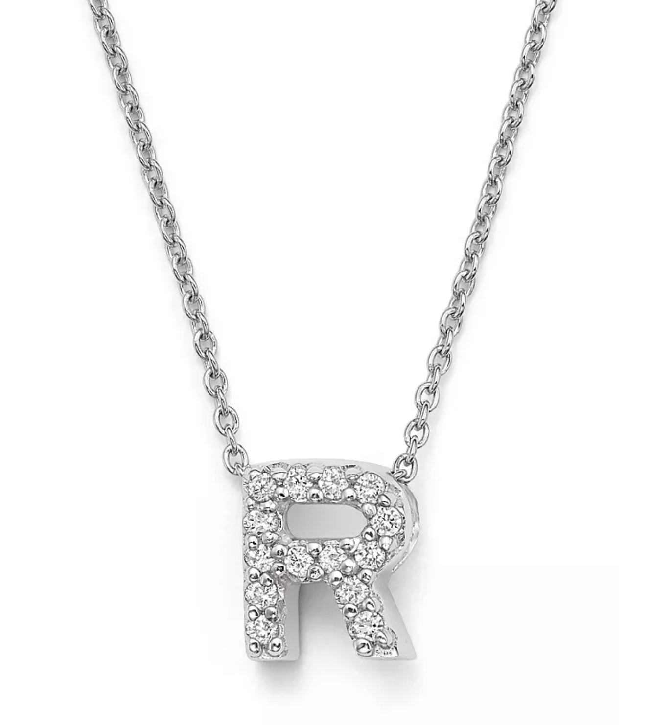 18k white gold letter 'R' pendant with diamonds. 16 - 18" adjustable chain. Diamond CTW - 0.06 18K WG Love Letter 'R' Pendant Necklace with Diamonds