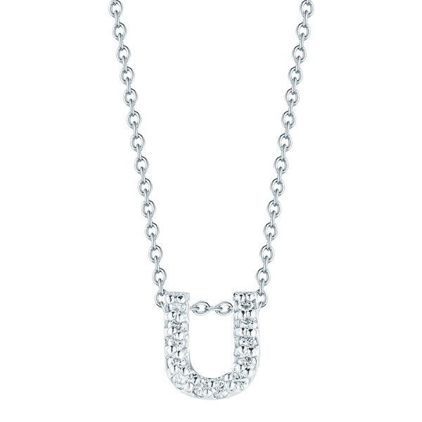 18k white gold letter 'U' pendant with diamonds. 16 - 18" adjustable chain. Diamond CTW - 0.06 18K WG Love Letter 'U' Pendant Necklace with Diamonds