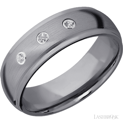 7 mm wide/Domed Stepped Down Edges/Tantalum band with an arrangement of 3, .03 carat Round Lab Grown Diamond stones in a Bezel setting