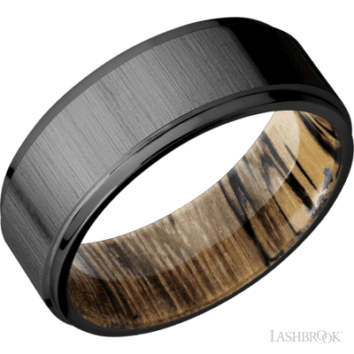 8 mm wide Flat Grooved Edges Zirconium band featuring a Spalted Tamarind sleeve