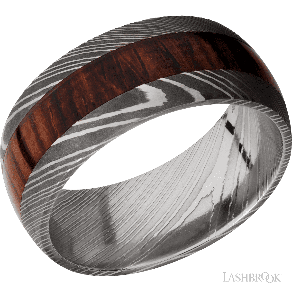 9 mm wide/Domed/Damascus band with one 4 mm Centered inlay of Cocobolo