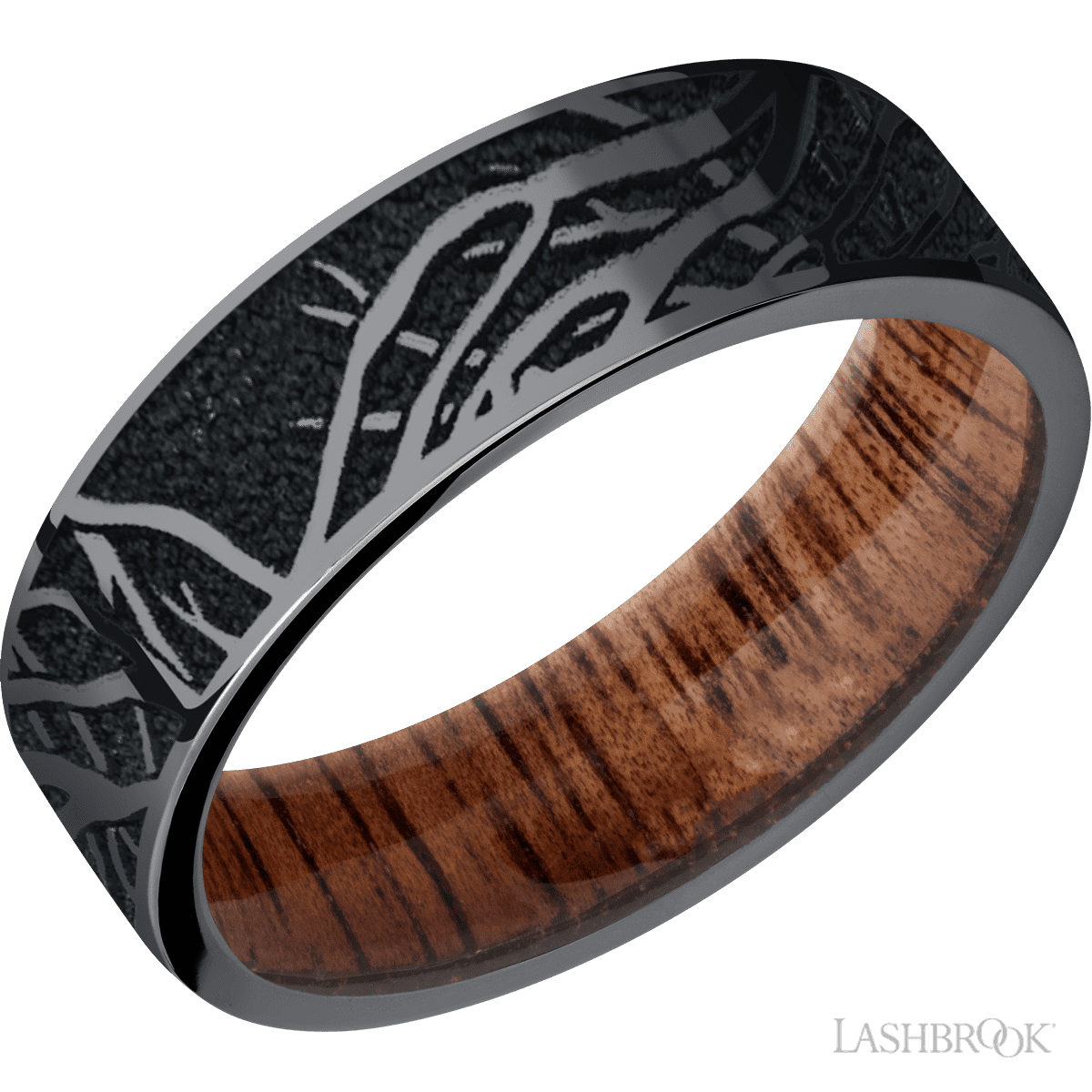 7 mm wide/Flat/Tantalum band with a laser carved Branches pattern also featuring a Koa sleeve