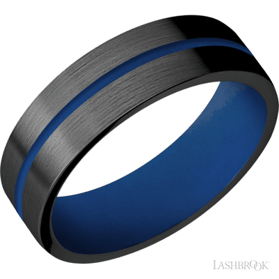7 mm wide/Flat/Zirconium band with one 1 mm Centered inlay of Royal Blue also featuring a Royal Blue sleeve