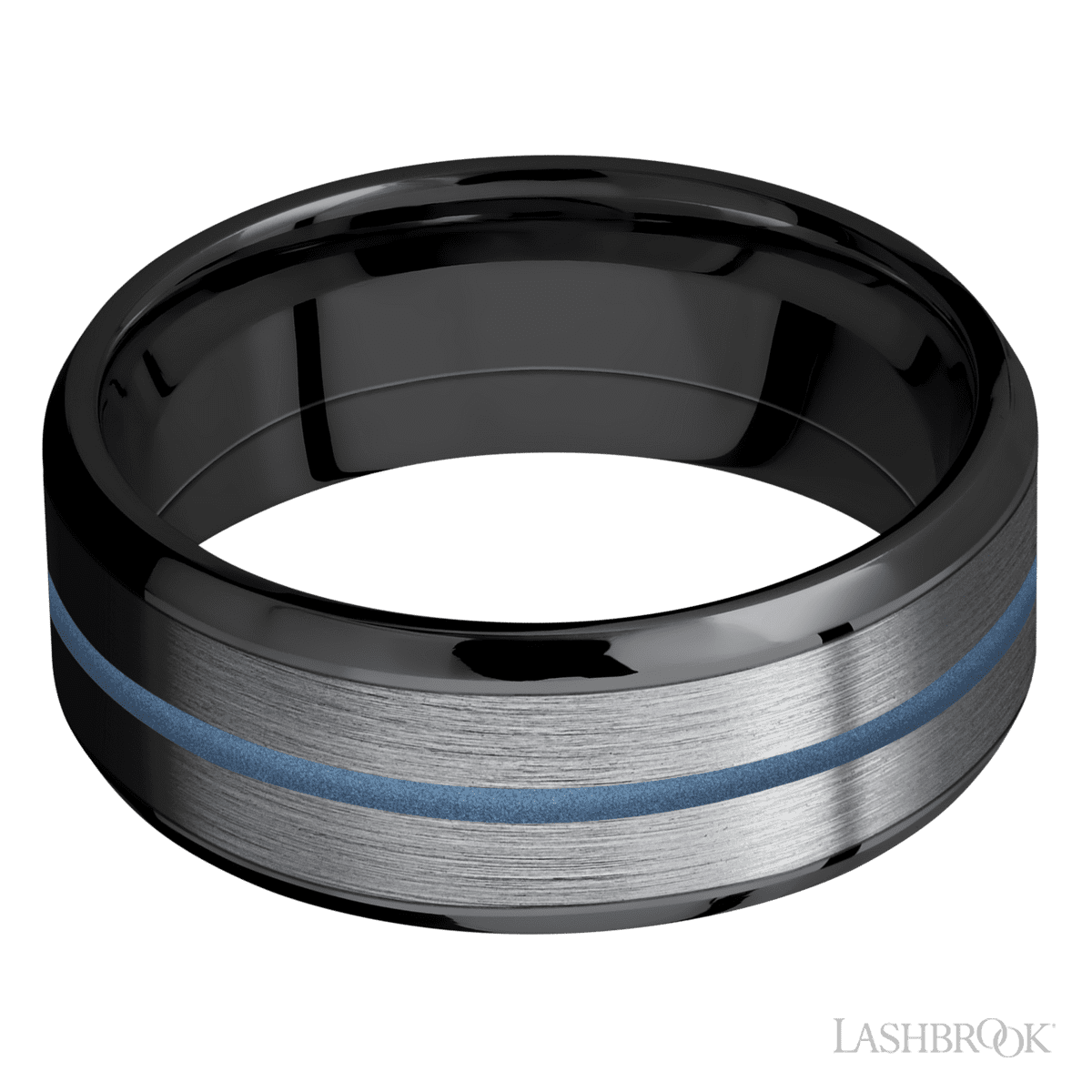 8 mm wide/Beveled/Zirconium band featuring inlays of Tantalum and Polar Blue