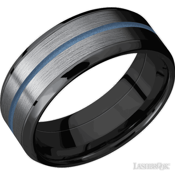 Closeup photo of 8 mm wide/Beveled/Zirconium band featuring inlays of Tantalum and Polar Blue