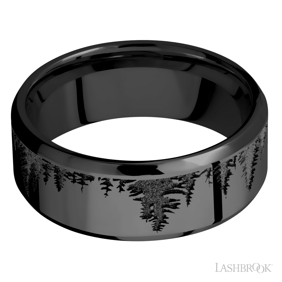 8 mm wide/Beveled/Zirconium band with a laser carved Trees pattern