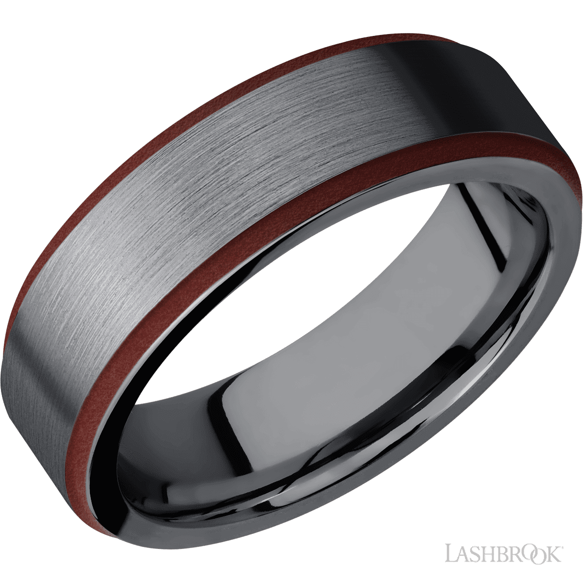 7 mm wide/Flat Grooved Edges/Tantalum band with two 1 mm Edge inlays of Crimson