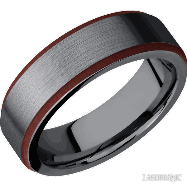 Closeup photo of 7 mm wide/Flat Grooved Edges/Tantalum band with two 1 mm Edge inlays of Crimson