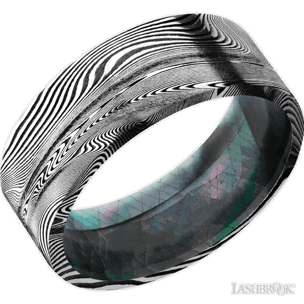 Closeup photo of 8 mm wide Flat Tightweave Damascus band featuring a BMOP Sleeve