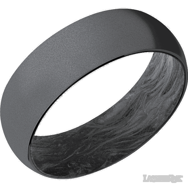 Closeup photo of 7 mm wide Domed Tantalum band featuring a Forged Carbon Fiber sleeve