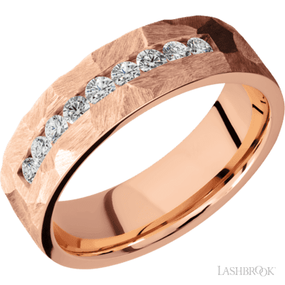 7 mm wide/Flat/14K Rose Gold band with an arrangement of 9, .05 carat Round Diamond stones in a Channel setting