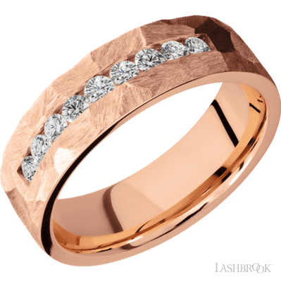Closeup photo of 7 mm wide/Flat/14K Rose Gold band with an arrangement of 9, .05 carat Round Diamond stones in a Channel setting