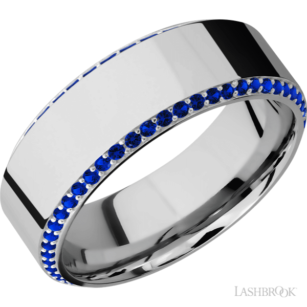 Closeup photo of 14K WG Band with Side Inlay of Blue Sapphires