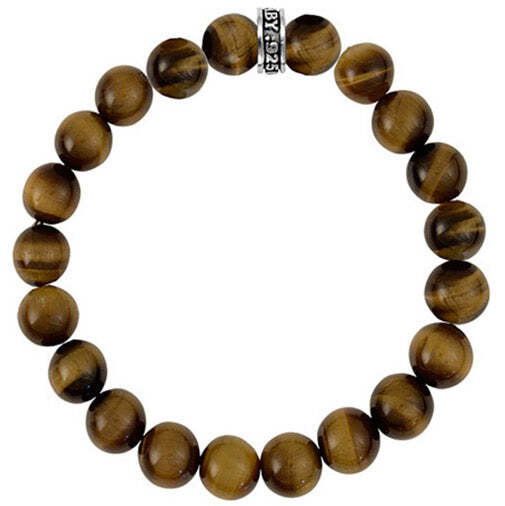 Closeup photo of 10mm Brown Tiger Eye Bead Bracelet with Logo Ring