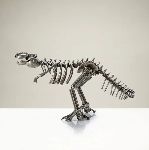 Closeup photo of T-Rex Inspired Recycled Metal Sculpture