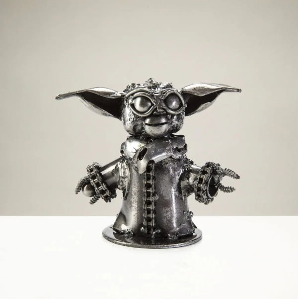 Closeup photo of Baby Yoda Inspired Recycled Metal Sculpture