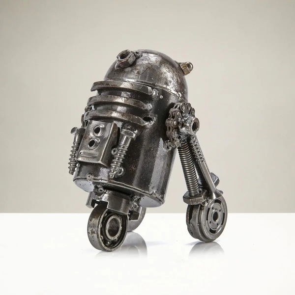 Closeup photo of R2D2 Inspired Recycled Metal Sculpture