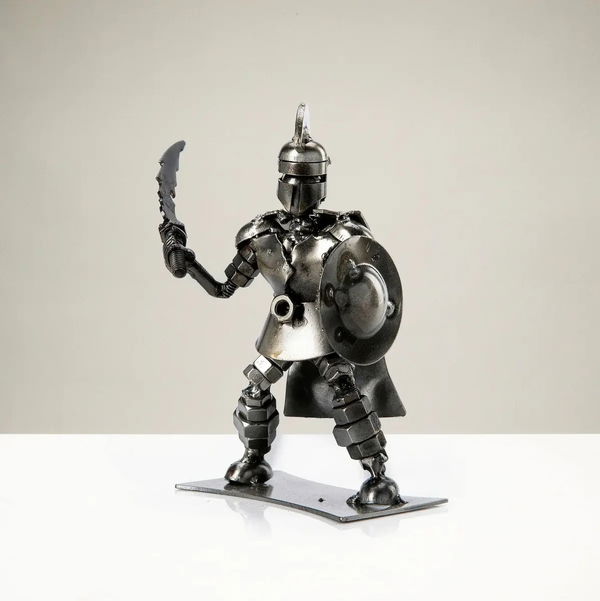 Closeup photo of Spartan with Shield and Sword Inspired Recycled Metal Sculpture