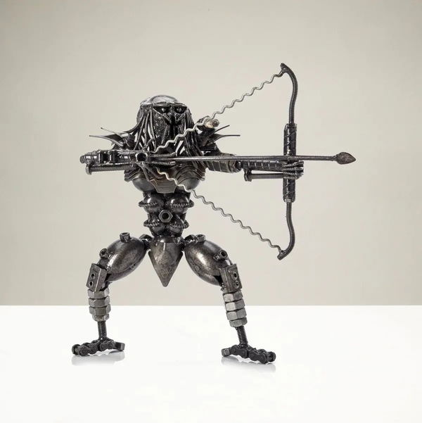 Closeup photo of Predator with Bow and Arrow Inspired Recycled Metal Sculpture