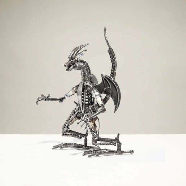 Closeup photo of Small Dragon Inspired Recycled Metal Sculpture