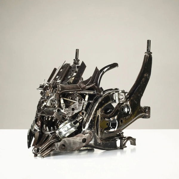 Closeup photo of Megatron Head Inspired Recycled Metal Art Sculpture