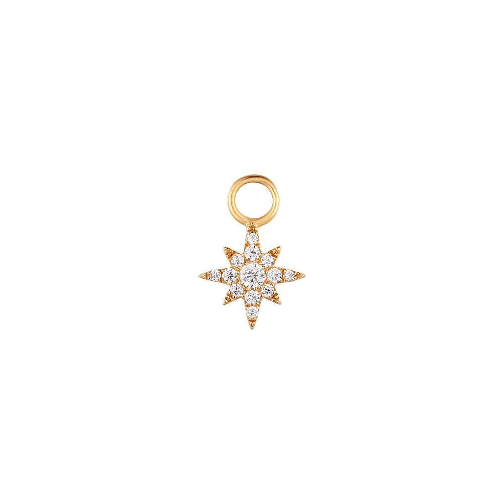 Eight-pointed stars are so unique, serving as a guide through all of life's ups and downs. Shining down with an illuminating presence, the Eight-pointed star is recognized across many cultures for the innate power it holds. Pair this earring charm with one of our huggie hoops for an uplifting and eye-catching look.Material: 14K Solid GoldCharm Diameter: 7mmRing Diameter: 3mmStone Type: DiamondTotal Carat Weight: 0.089ctSold individually STELLA | Diamond Starburst Earring Charm