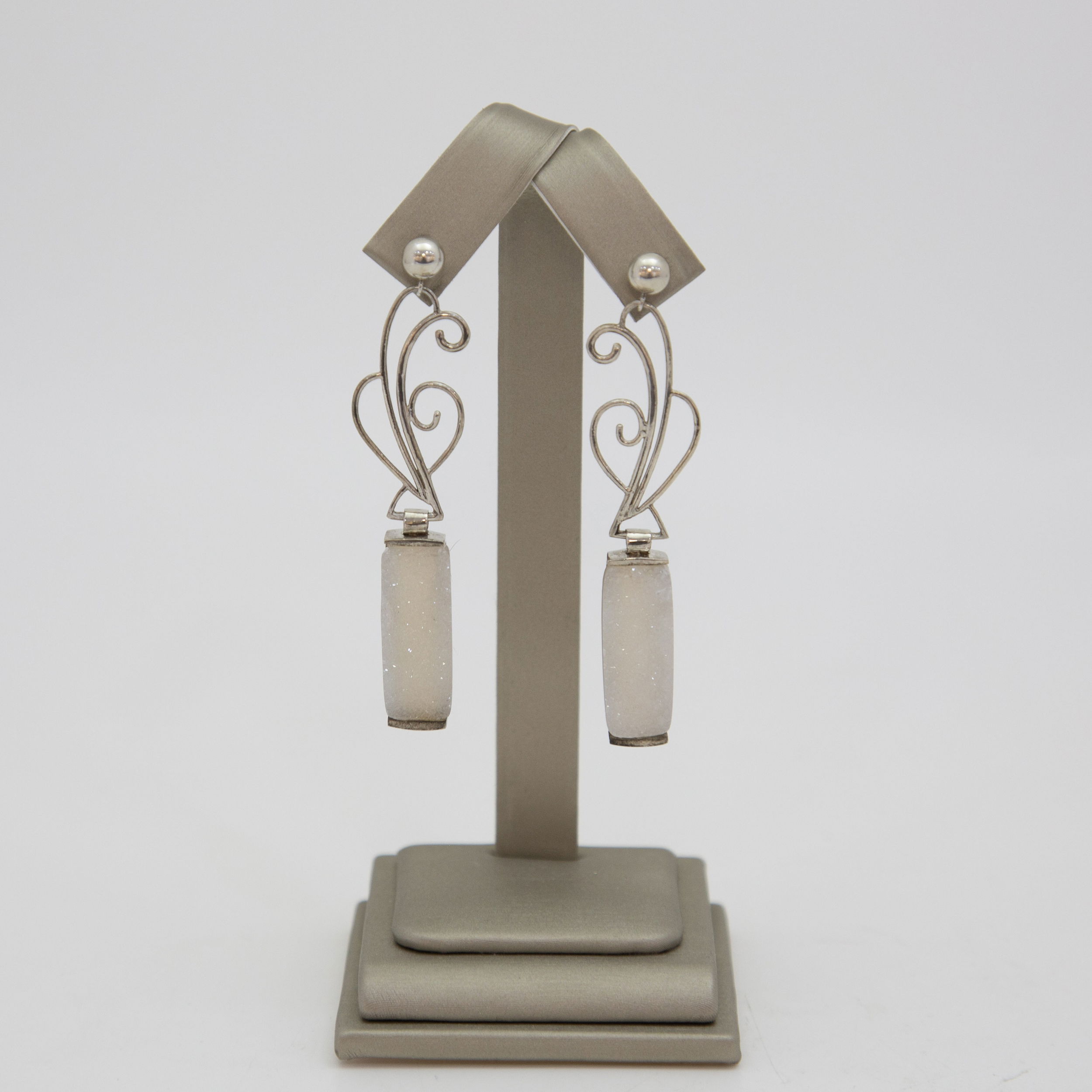 Rectangular White Druzy Handmade Sterling Silver Post Earrings