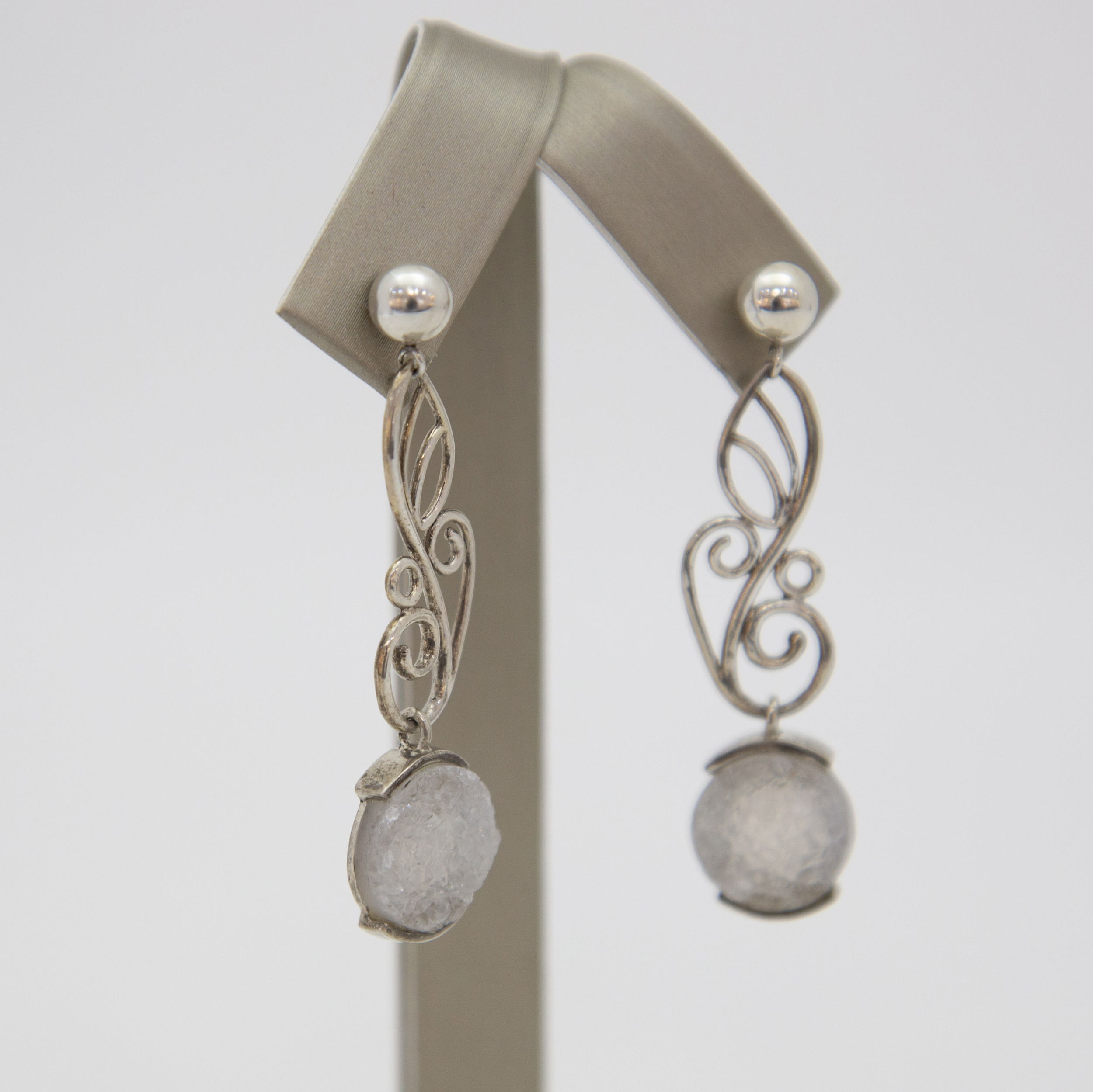 Round White Druzy Handmade Sterling Silver Post Earrings