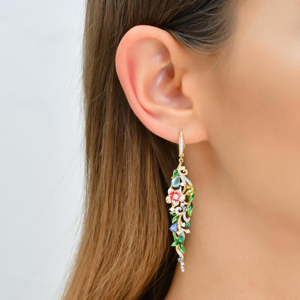 Pink and White Enamel with Blue and Green CZ Gold Earrings