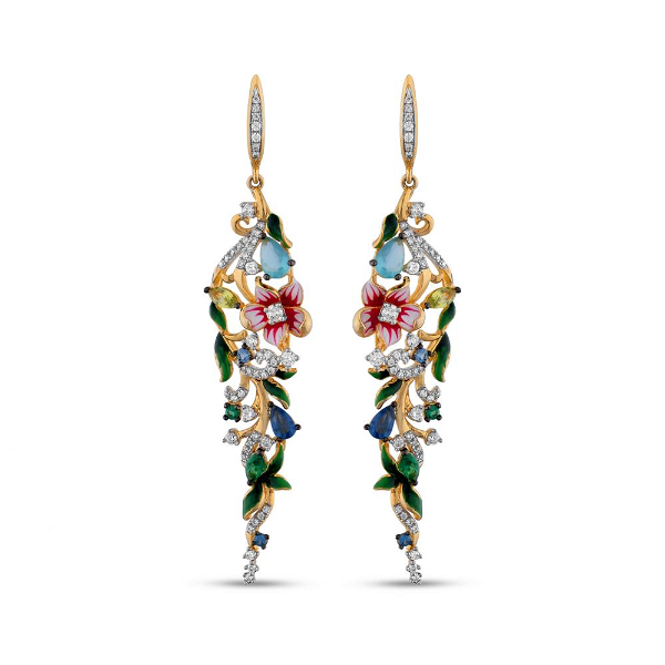 Closeup photo of Pink and White Enamel with Blue and Green CZ Gold Earrings
