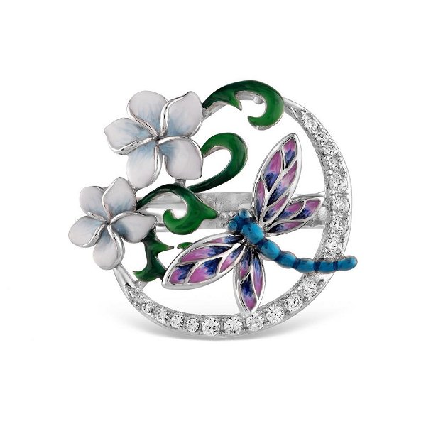 Closeup photo of White, Pink, Green Enamel Dragonfly and Flower SS Ring