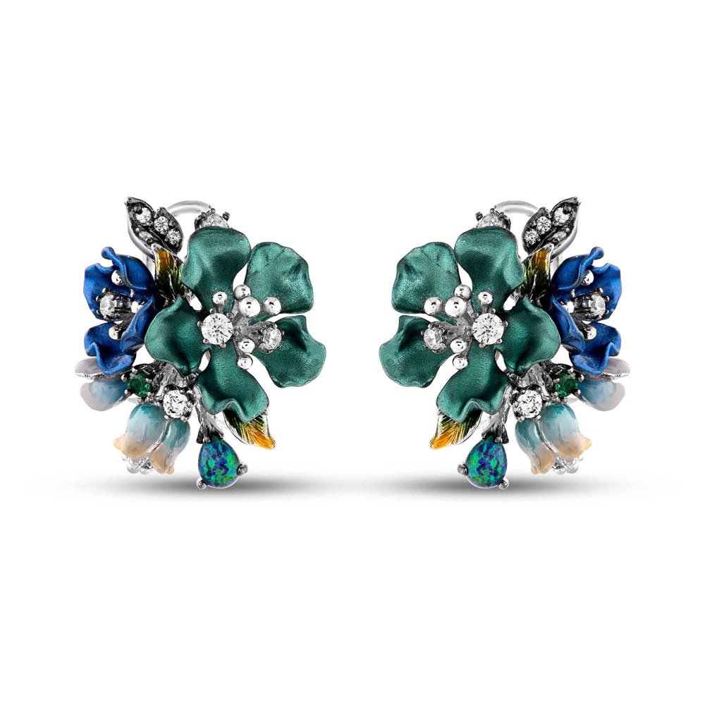 Green and Blue Flowers with CZ SS Post Earrings