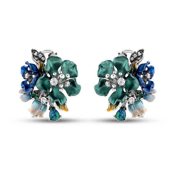 Closeup photo of Green and Blue Flowers with CZ SS Post Earrings