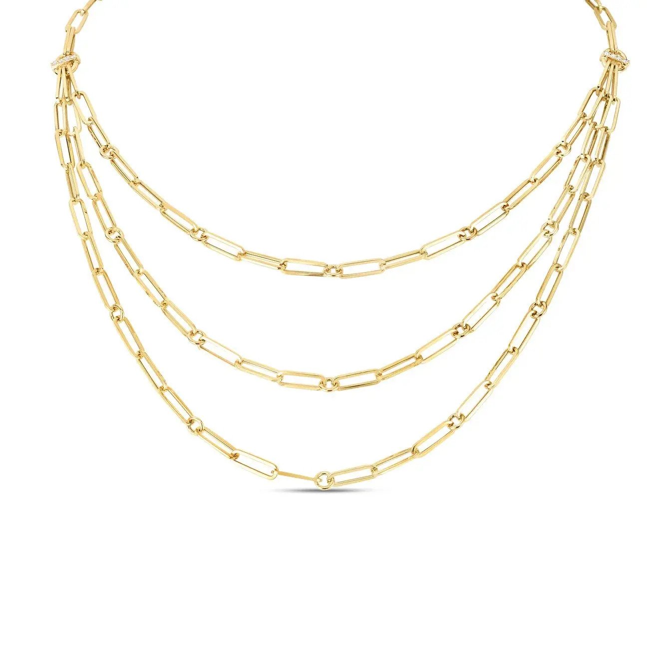 18k Yellow Gold Triple Strand Paperclip Chain Necklace