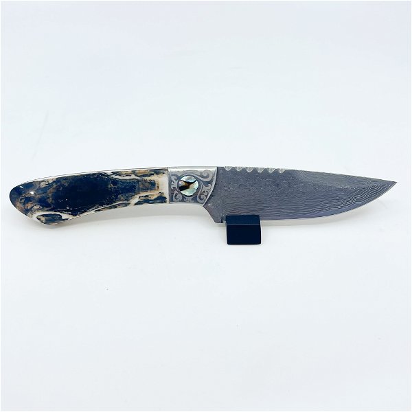 Closeup photo of Walrus Tusk Handle Damascus Knife