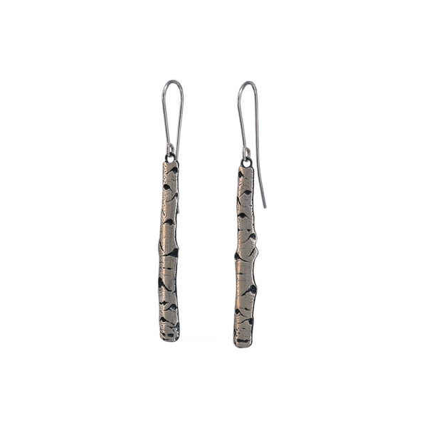 Closeup photo of Aspen Allure Bark Sterling Silver Earrings .2” x 1 3/4”