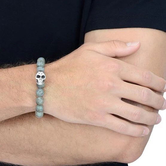 10mm Labradorite Bead Bracelet w/Day of the Dead Skull