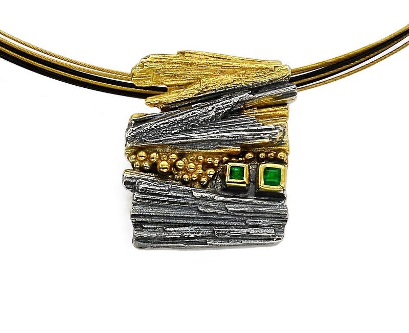 Double Emerald Rectangular Gold and Sterling Silver Pendant