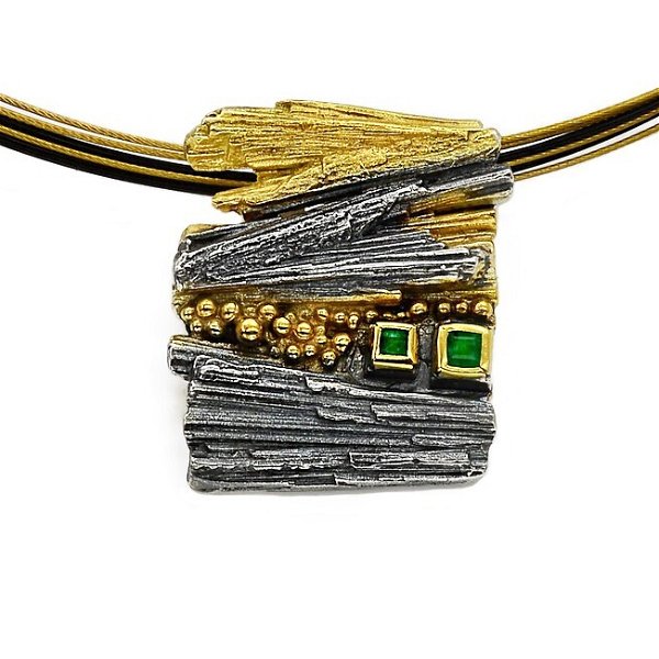 Closeup photo of Double Emerald Rectangular Gold and Sterling Silver Pendant