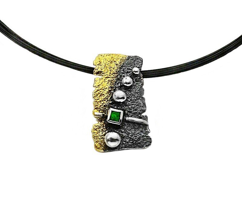 Contemporary Natural Emerald Rectangular Gold and Sterling Silver Pendant
