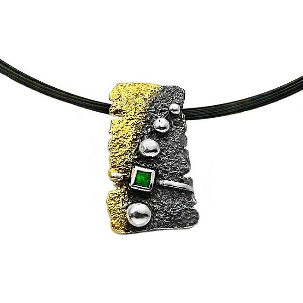Closeup photo of Contemporary Natural Emerald Rectangular Gold and Sterling Silver Pendant