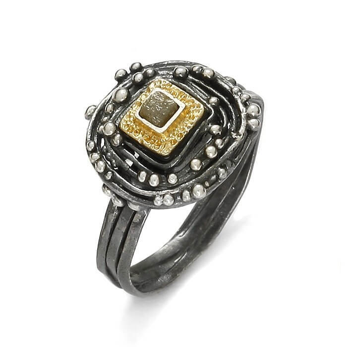 Raw Diamond Orbiting Circle Oxy SS Ring