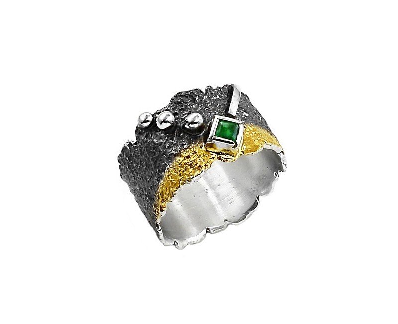 Emerald Tricolor Textured Sterling Silver and Gold Ring