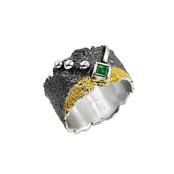 Closeup photo of Emerald Tricolor Textured Sterling Silver and Gold Ring
