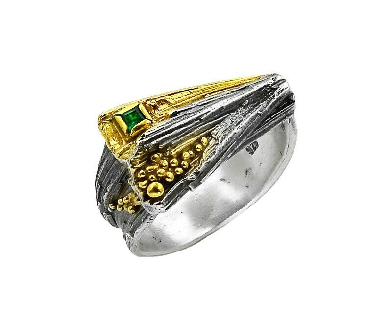 Natural Emerald Organic Triangle Sterling Silver and Gold Ring