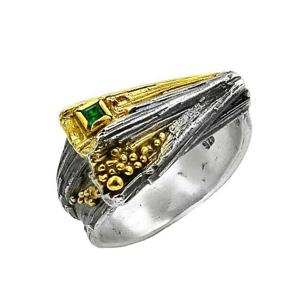 Closeup photo of Natural Emerald Organic Triangle Sterling Silver and Gold Ring