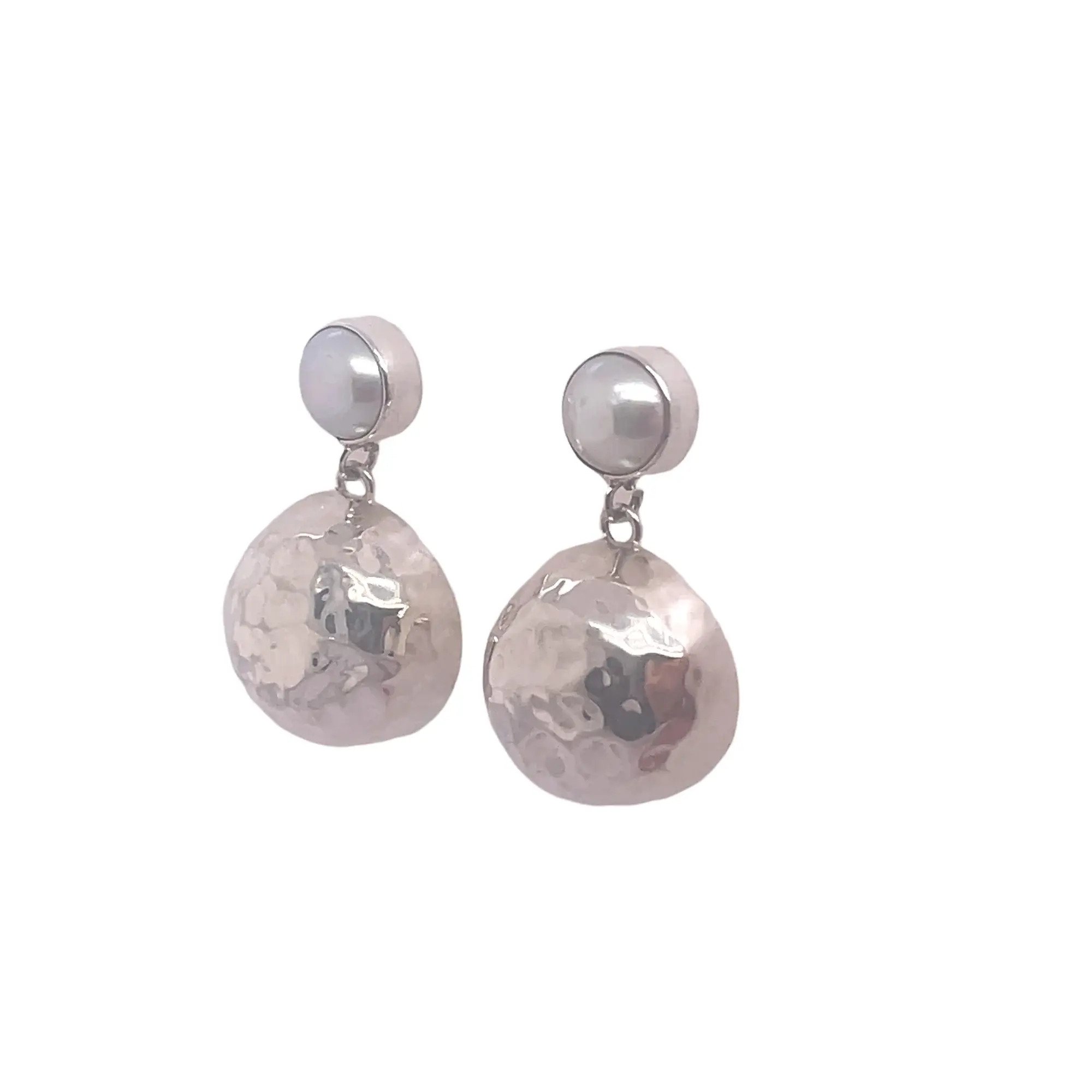 Silver Circular Dangles with Pearl Small Brushed Finish