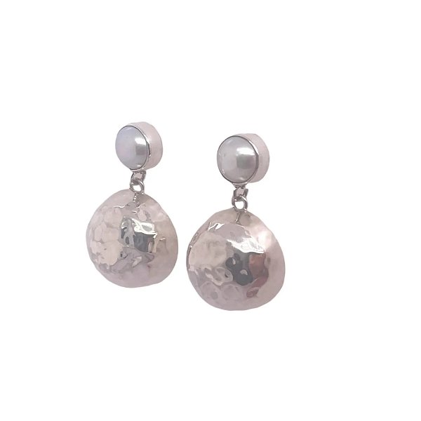 Closeup photo of Silver Circular Dangles with Pearl Small Brushed Finish