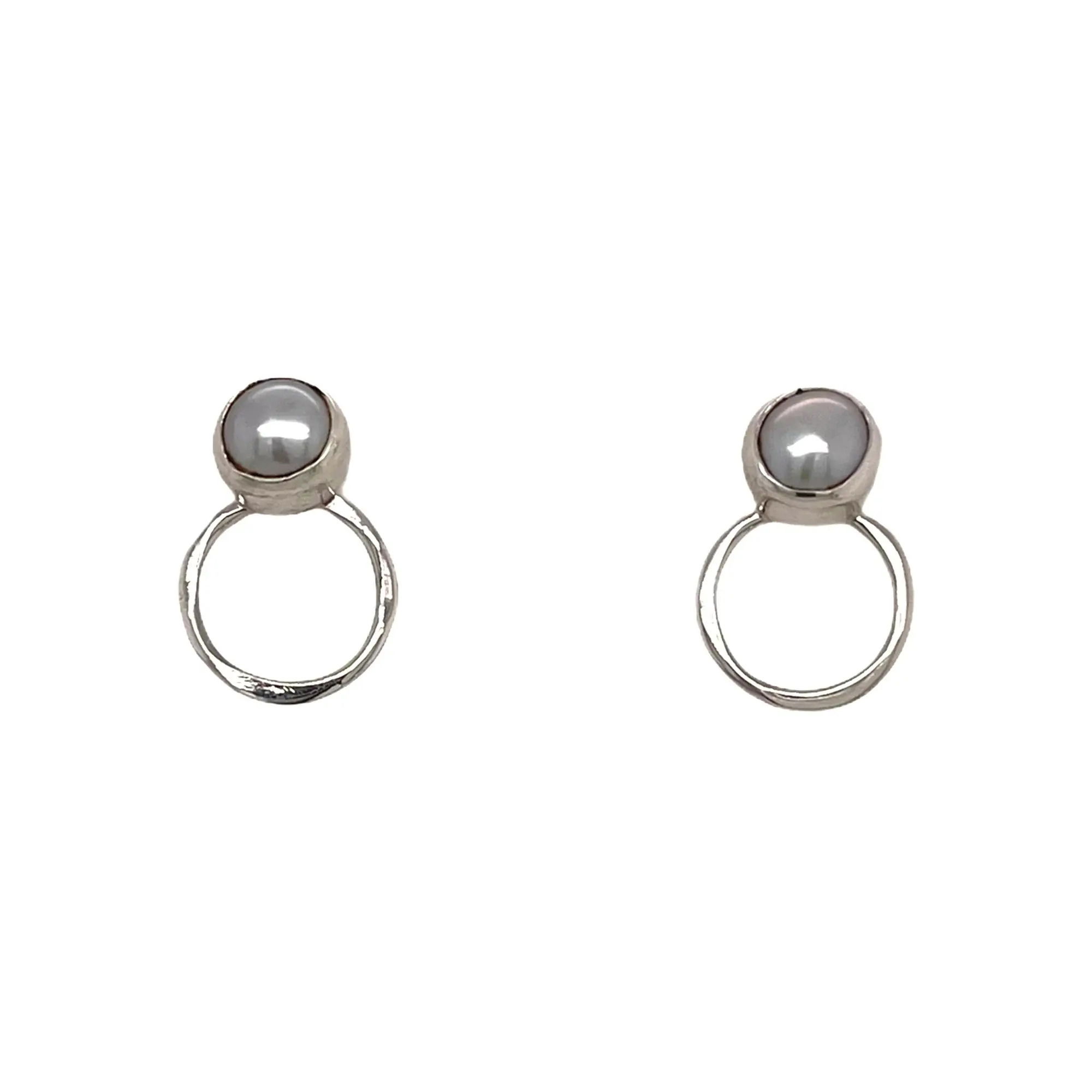 Silver and Pearl Studs W Circle Under Pearl Oxidized Finish