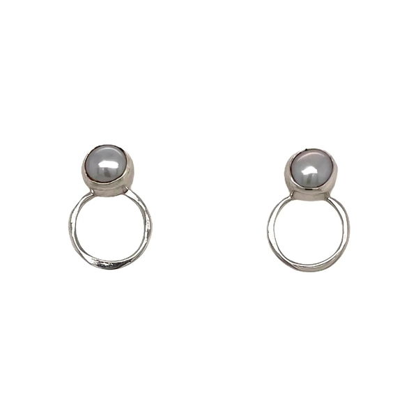Closeup photo of Silver and Pearl Studs W Circle Under Pearl Oxidized Finish